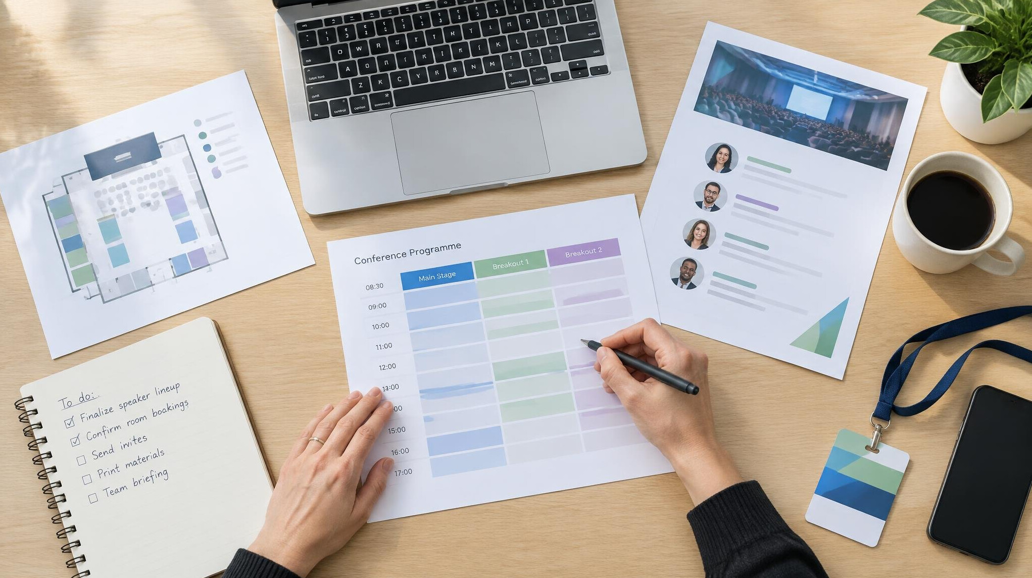 Event planner working on a laptop with printed schedules