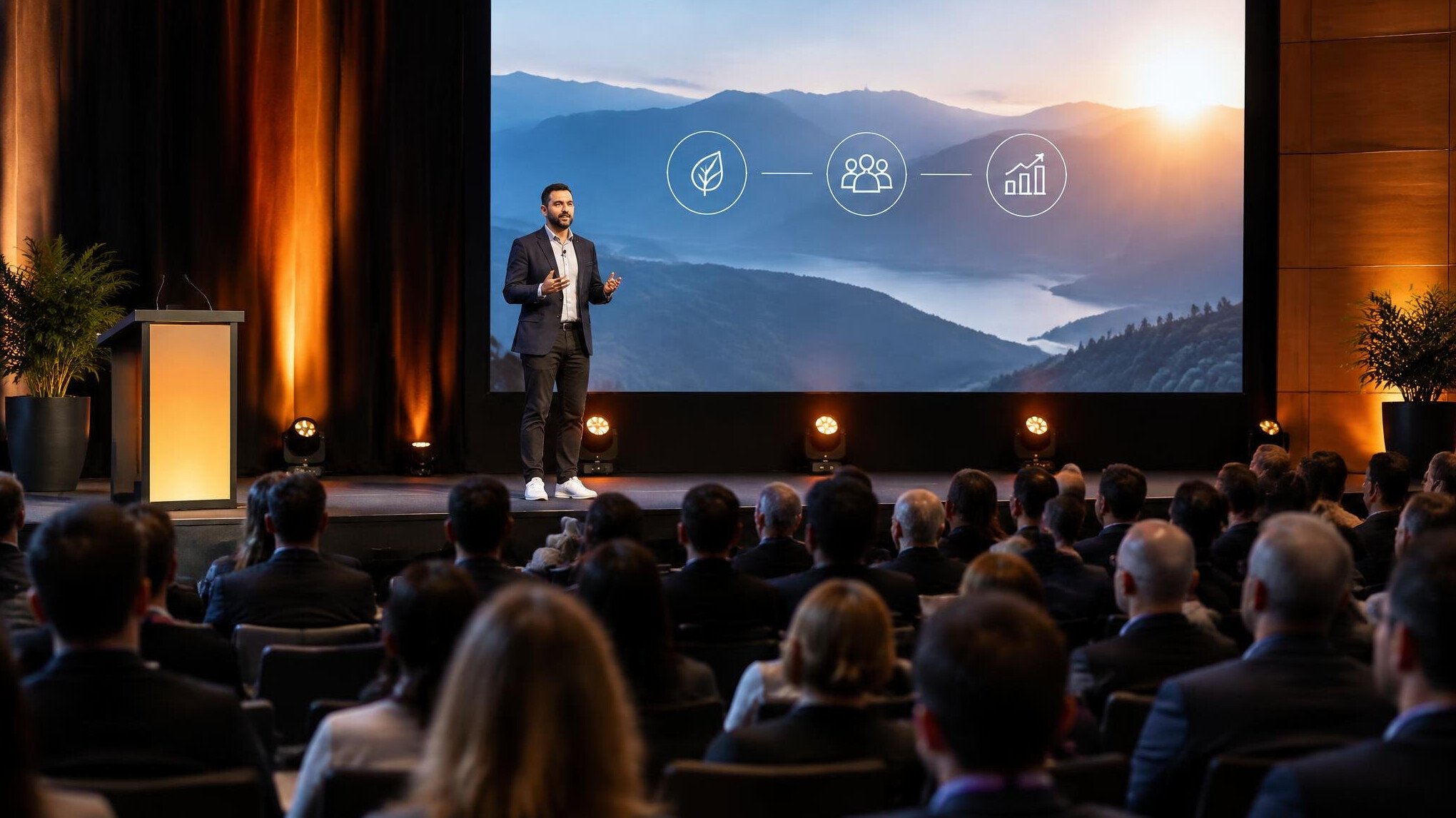 Speaker presenting on stage at a corporate conference